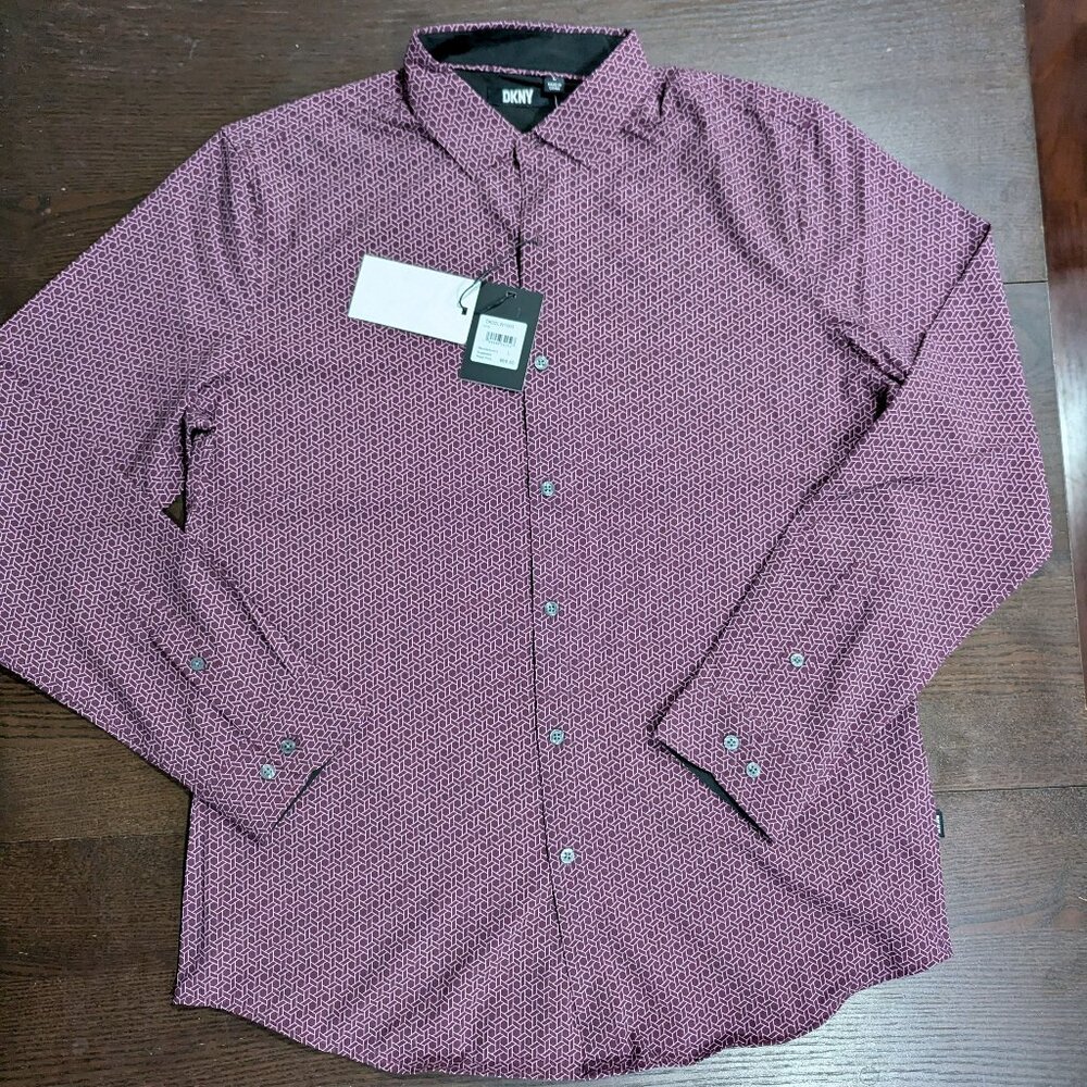 DKNY Dress Shirt Button Up Men's Large Wine Red Burgundy Stretch Fabric